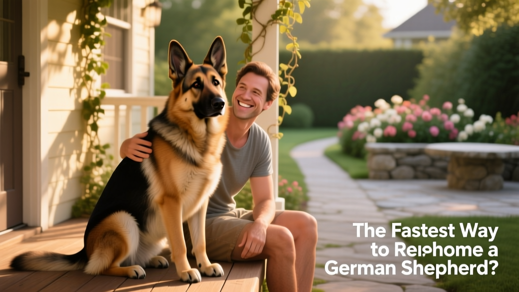 A calm, well-groomed German Shepherd sitting beside a smiling adult on a sunlit porch