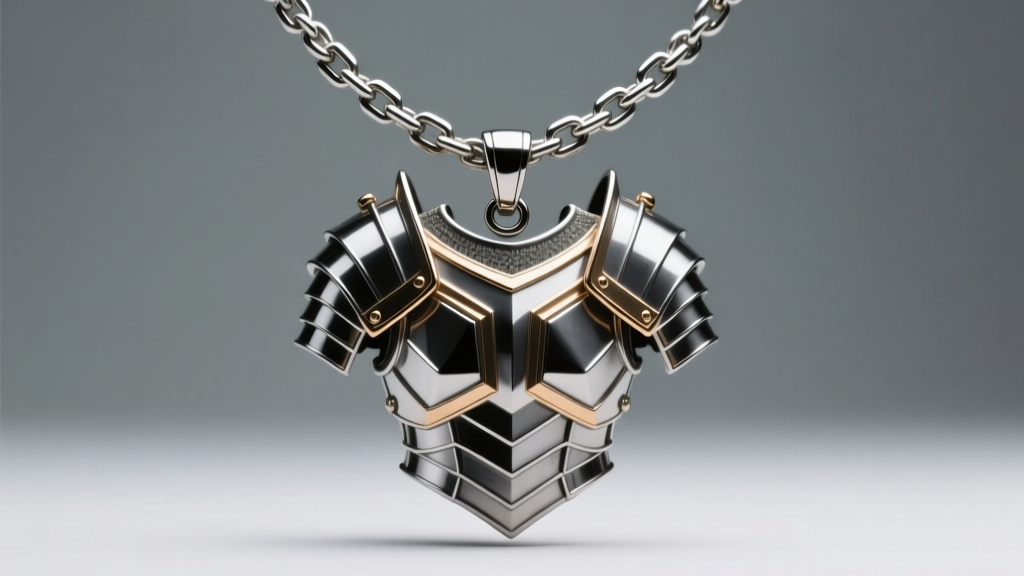 Steel box chain supporting a large armour of god necklace breastplate pendant, photographed against a soft grey studio backdrop.