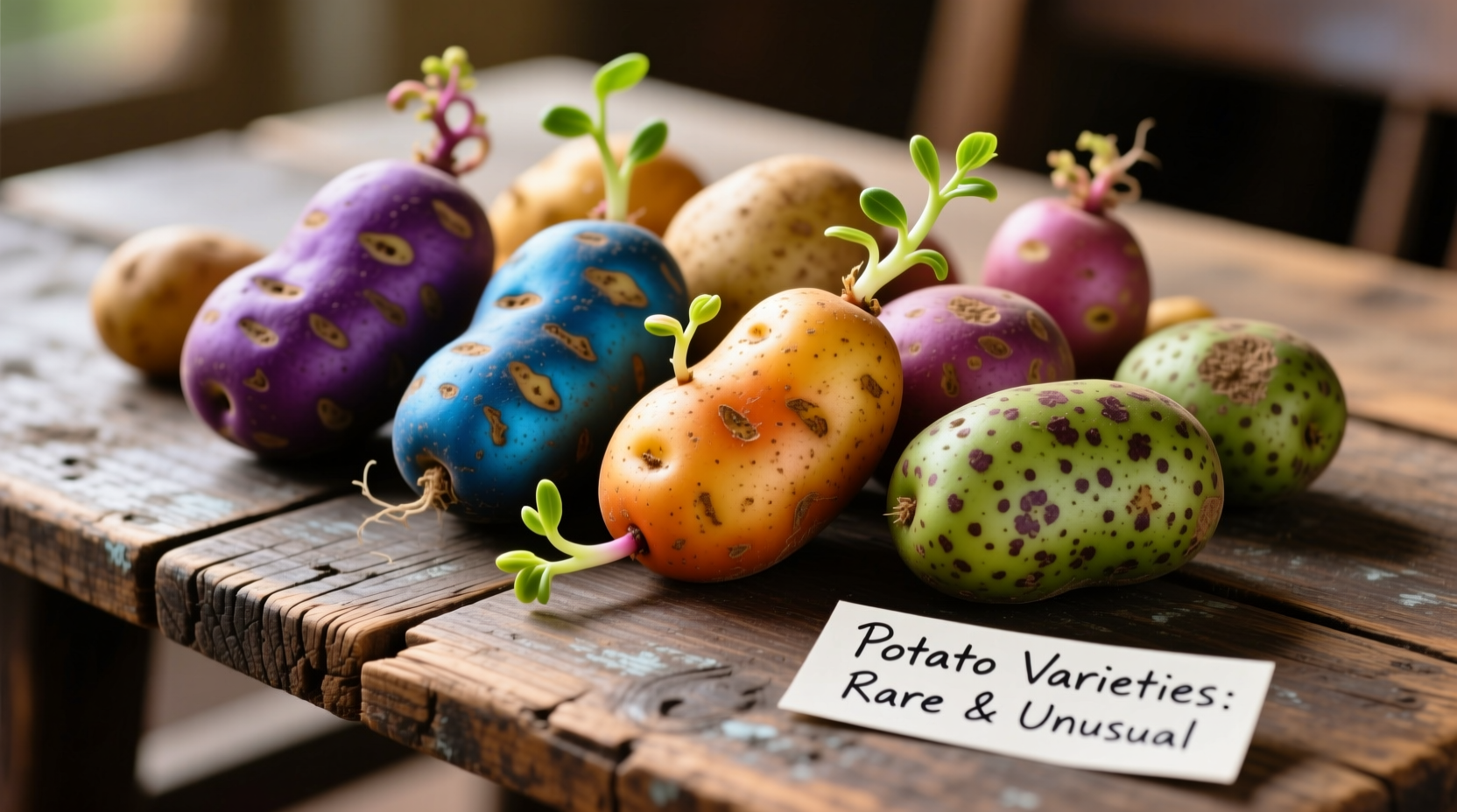 Colorful assortment of unusual potato varieties on wooden table