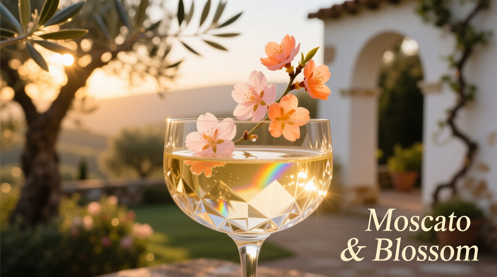Moscato wine glass with peach and orange blossom