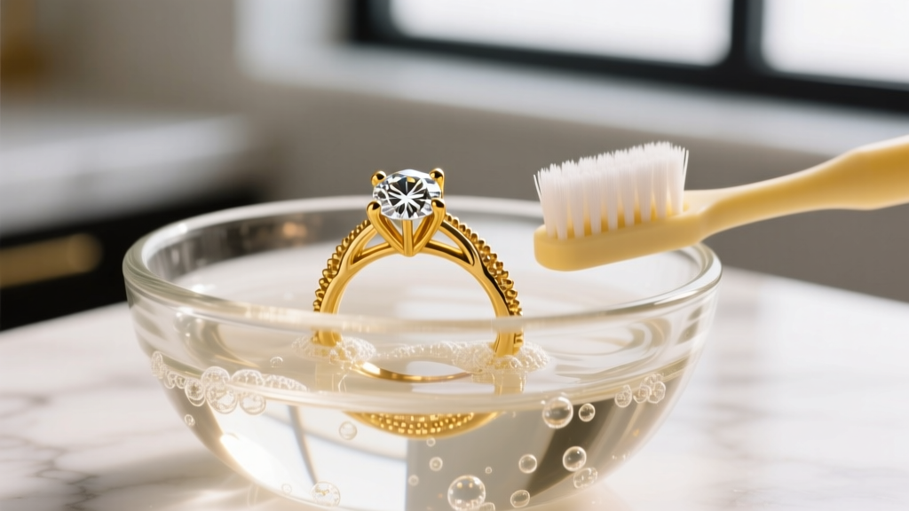 Macro shot of a 14k yellow gold diamond ring scrubbed gently by a soft baby toothbrush in a glass bowl of warm soapy water.