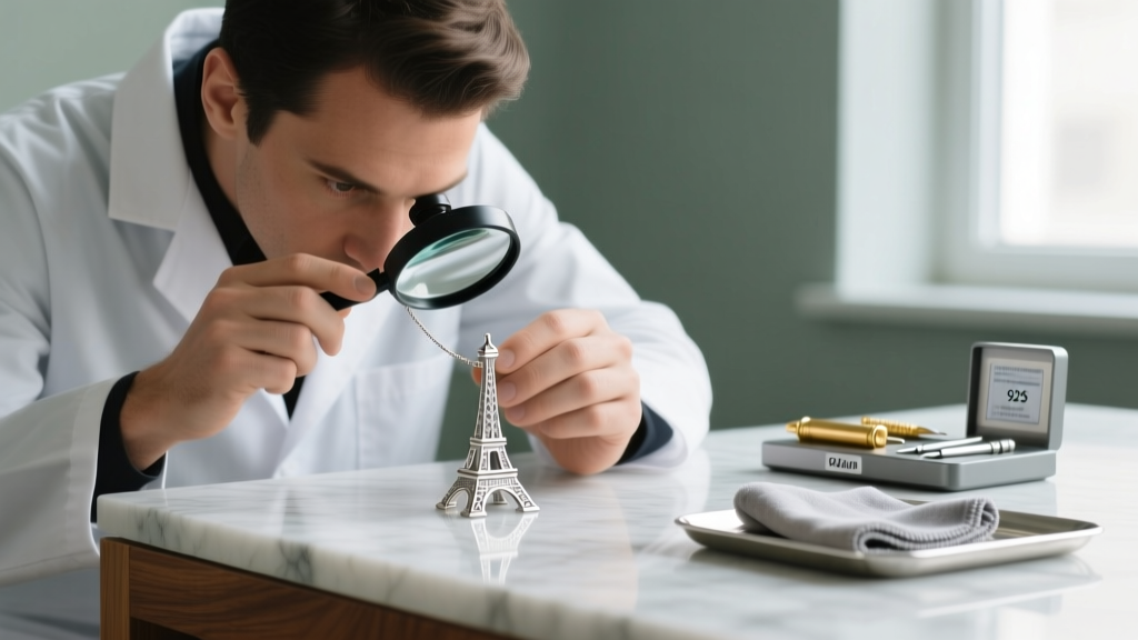 Jeweler using a loupe to inspect the 925 stamp on a silver Eiffel tower pendant, with a testing kit and polishing cloth nearby