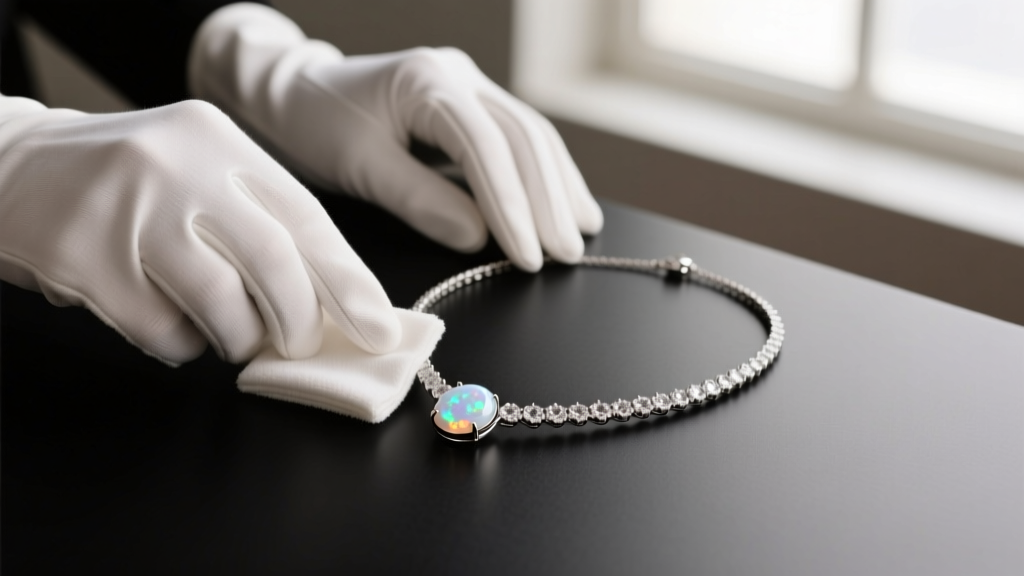 Hands using a microfiber polishing cloth to gently clean a silver gemstone necklace, avoiding the porous opal center stone.