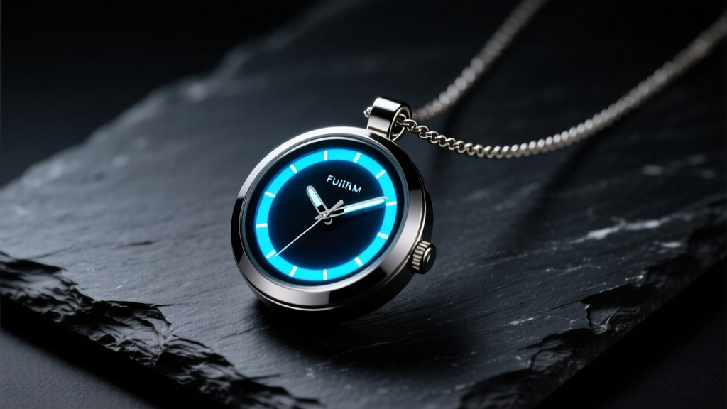 Close-up of a digital watch necklace pendant with a glowing OLED display, resting on dark slate with moody, cinematic lighting