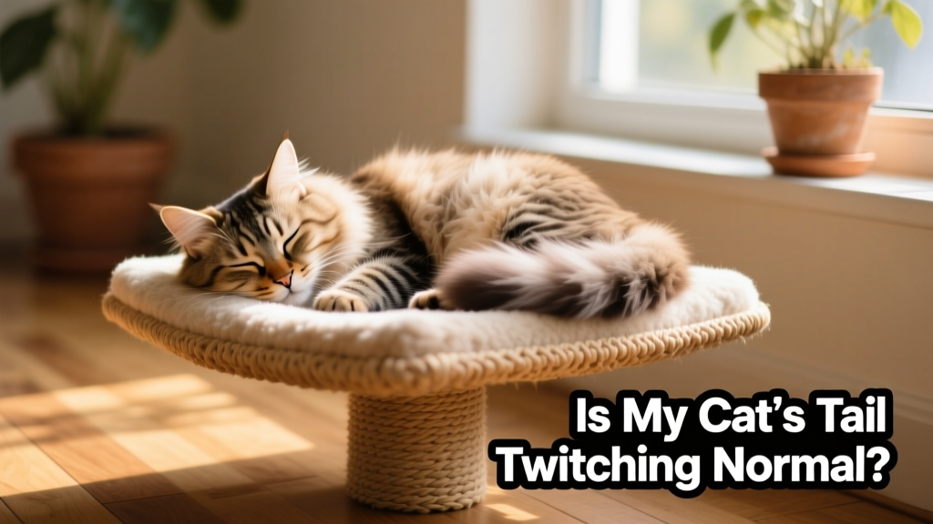 Cat sleeping peacefully on a cozy elevated cat bed, tail relaxed but slightly curled