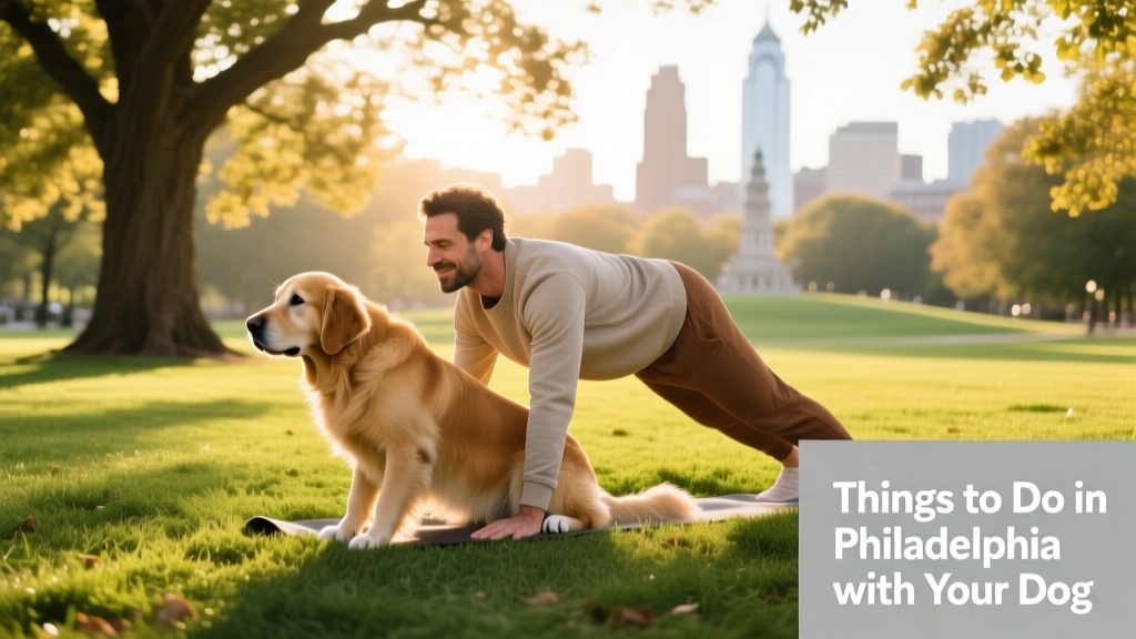 A pet parent and dog participating in a gentle, outdoor dog-friendly yoga session in a green Philadelphia park.