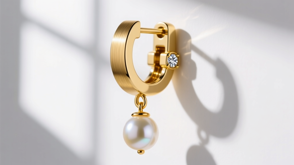 Macro photography of a secure 14k yellow gold leverback earring clasp designed to support heavy pearl and diamond dangle earrings