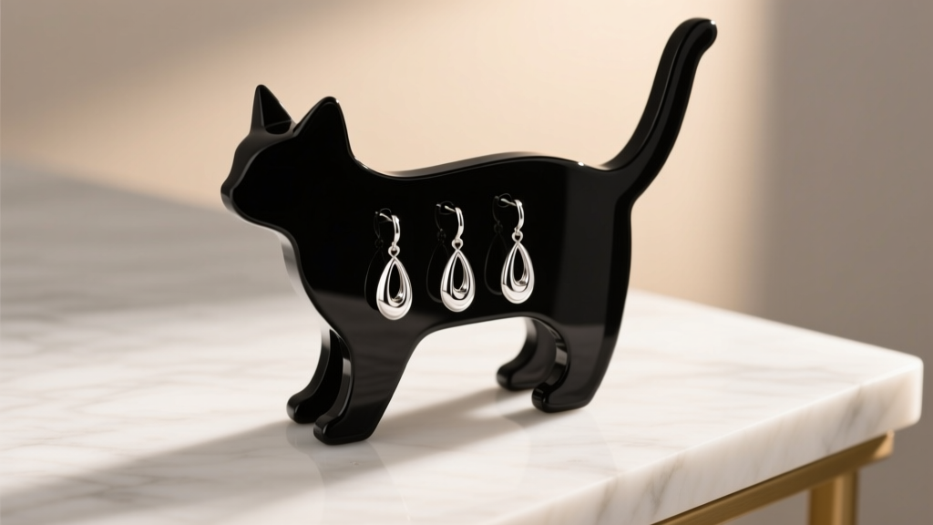 Black acrylic cat earring holder on white marble, displaying silver drop earrings under soft warm directional studio lighting setup