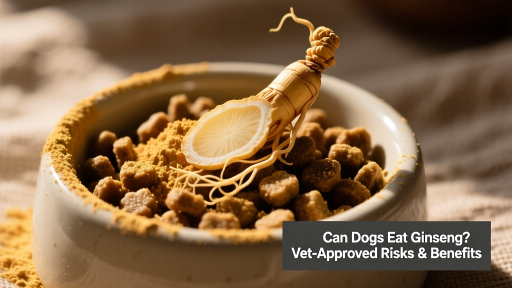Close-up of a dog’s bowl containing kibble topped with a light dusting of golden ginseng powder and a small fresh ginseng slice