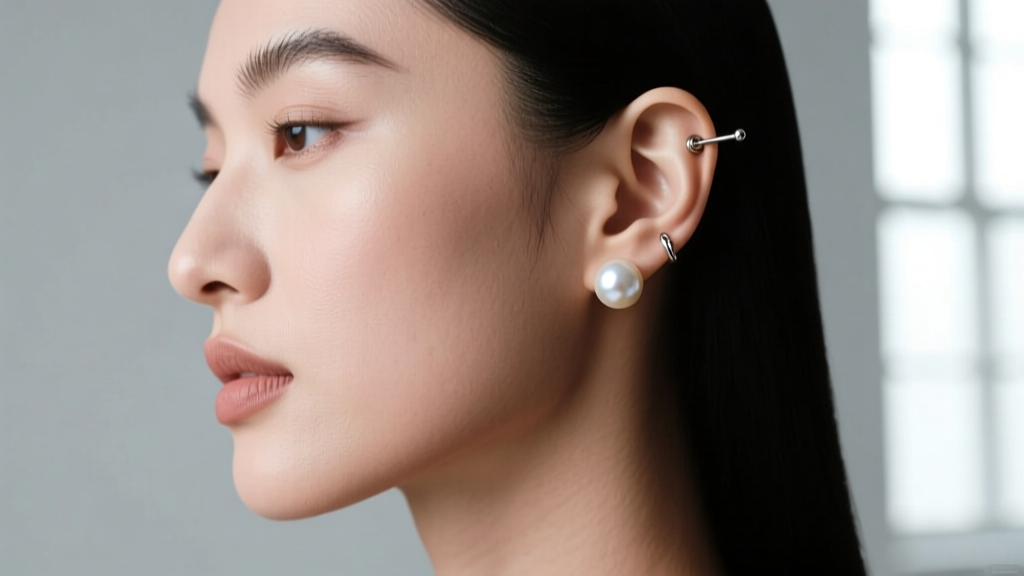 Side profile of a model wearing 16-gauge 1.5mm seed pearl stud earrings in a helix piercing, highlighting the 6mm post length