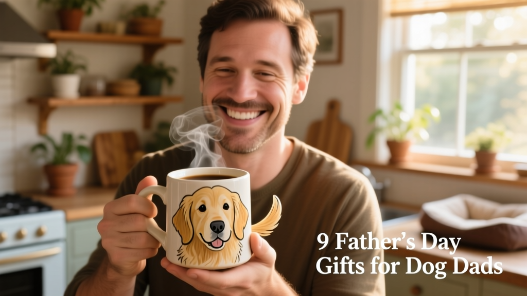 A smiling dog dad holding a ceramic mug featuring his golden retriever’s portrait
