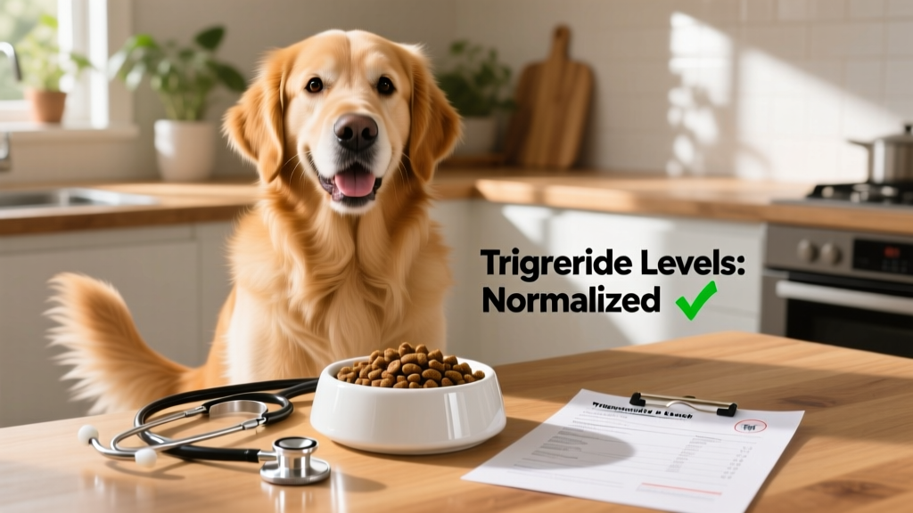 A happy, healthy-looking dog enjoying a bowl of low-fat kibble beside a stethoscope and lab report showing normalized triglyceride levels