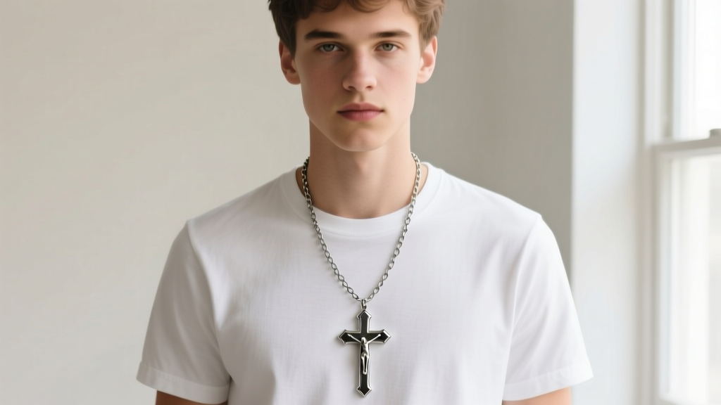 Man wearing 24-inch stainless steel rosary necklace over white t-shirt, the metal crucifix resting perfectly at his lower sternum.