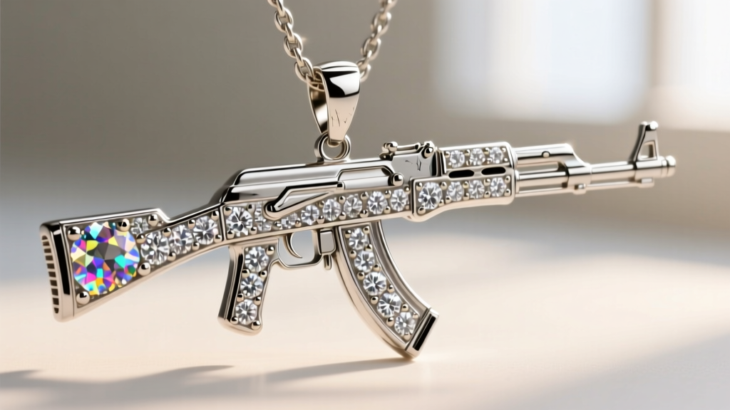 Macro shot of a micro-pave diamond encrusted AK 47 pendant, showcasing the intricate prong settings and VVS1 melee diamonds