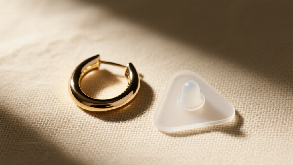 Flat lay of a Bottega triangle hoop earring and clear silicone lobe support patch on neutral linen, shot from above in natural light
