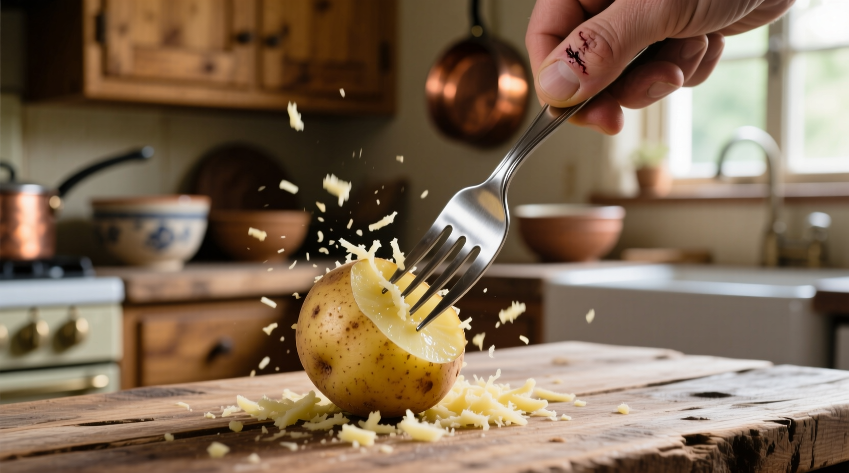use a fork when grating potatoes to avoid scraped knuck