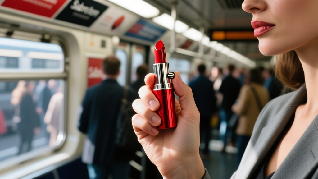 Close-up of a hand holding discreet Sabre Red lipstick pepper spray in a crowded subway, demonstrating covert self-defense.