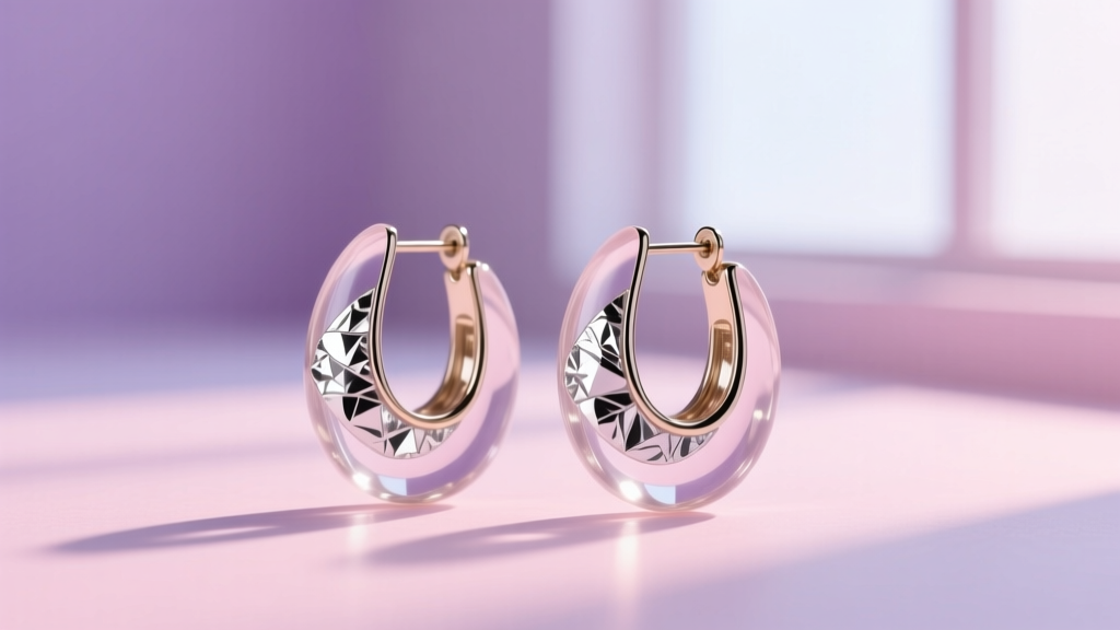 Clear Lucite vintage plastic earrings with embedded silver foil, photographed against a soft pastel studio background.