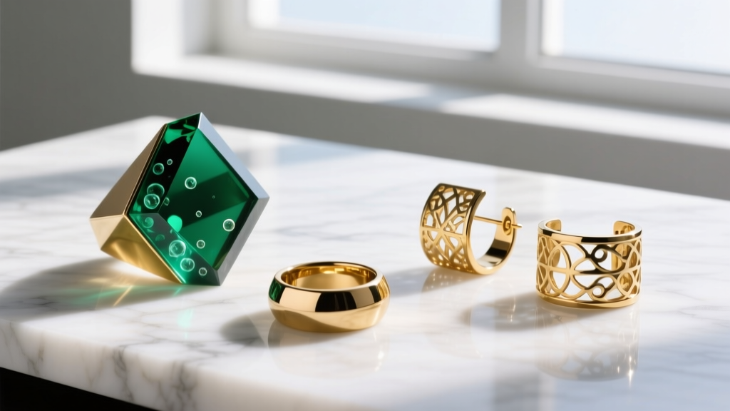 Flat lay of chunky bio-resin fashion rings and PVD gold-plated brass ear cuffs on marble, shot in bright natural daylight.
