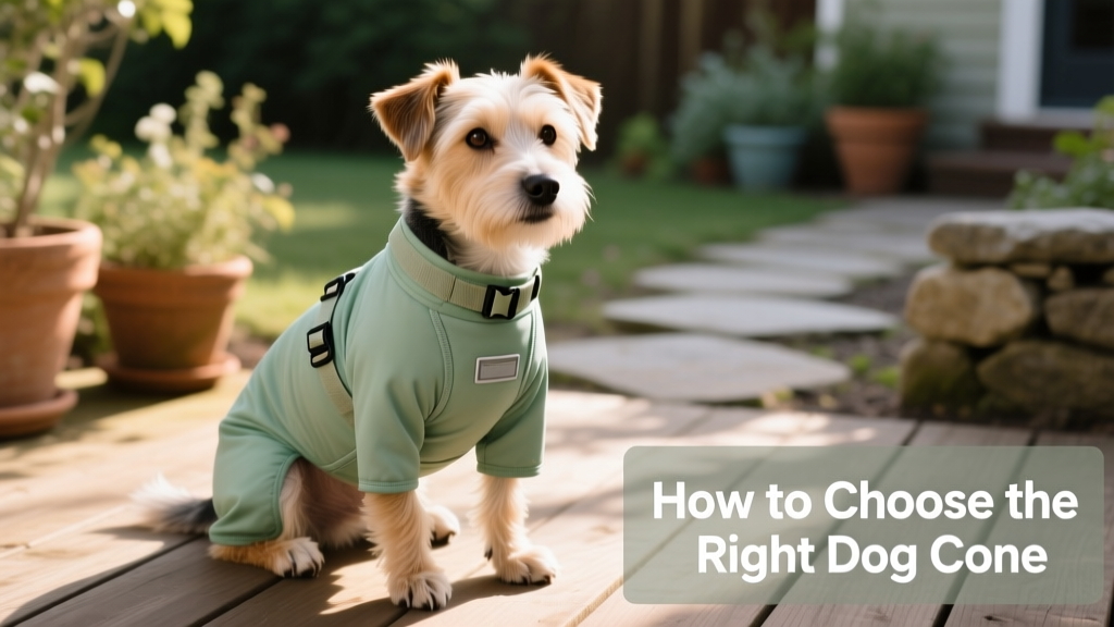 A calm terrier wearing a breathable recovery suit with adjustable Velcro closures