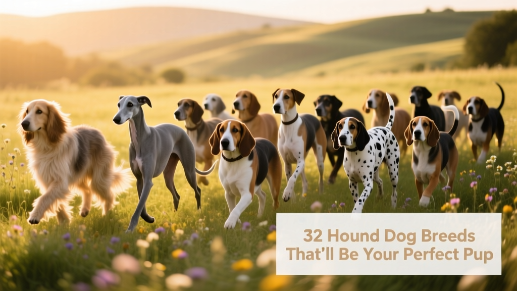 A diverse group of hound dogs walking together in a sunlit meadow, showcasing different sizes and coat types