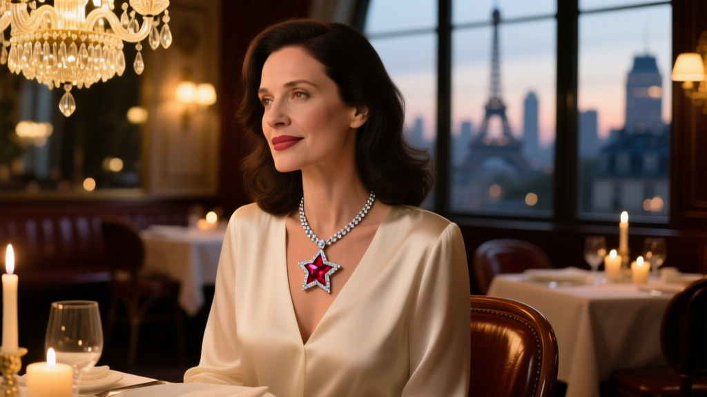 Woman wearing a platinum chain with a star ruby halo pendant under soft evening light at a romantic anniversary dinner, elegant