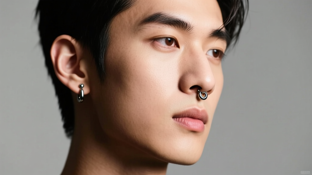 Portrait of a young man with a subtle 16-gauge titanium labret stud in his left earlobe, soft studio lighting highlighting his jaw