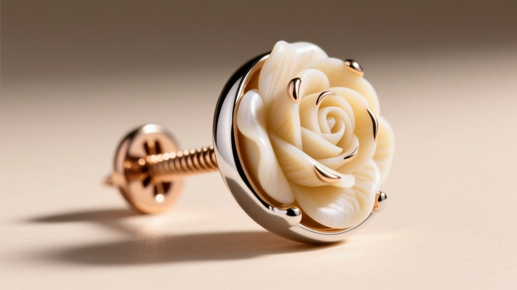 Close-up of an 18-gauge rose gold post with platinum plating, securing a carved ivory rose stud with a threaded screw-back clutch