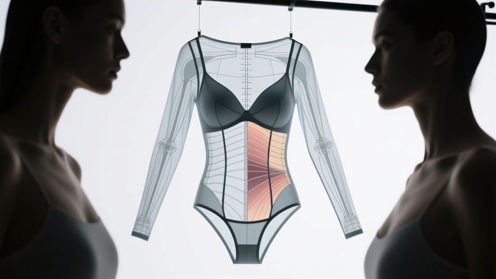 Blueprint overlay on structured intimate apparel showing tensile stress lines, load-bearing seams, and material cross-sections
