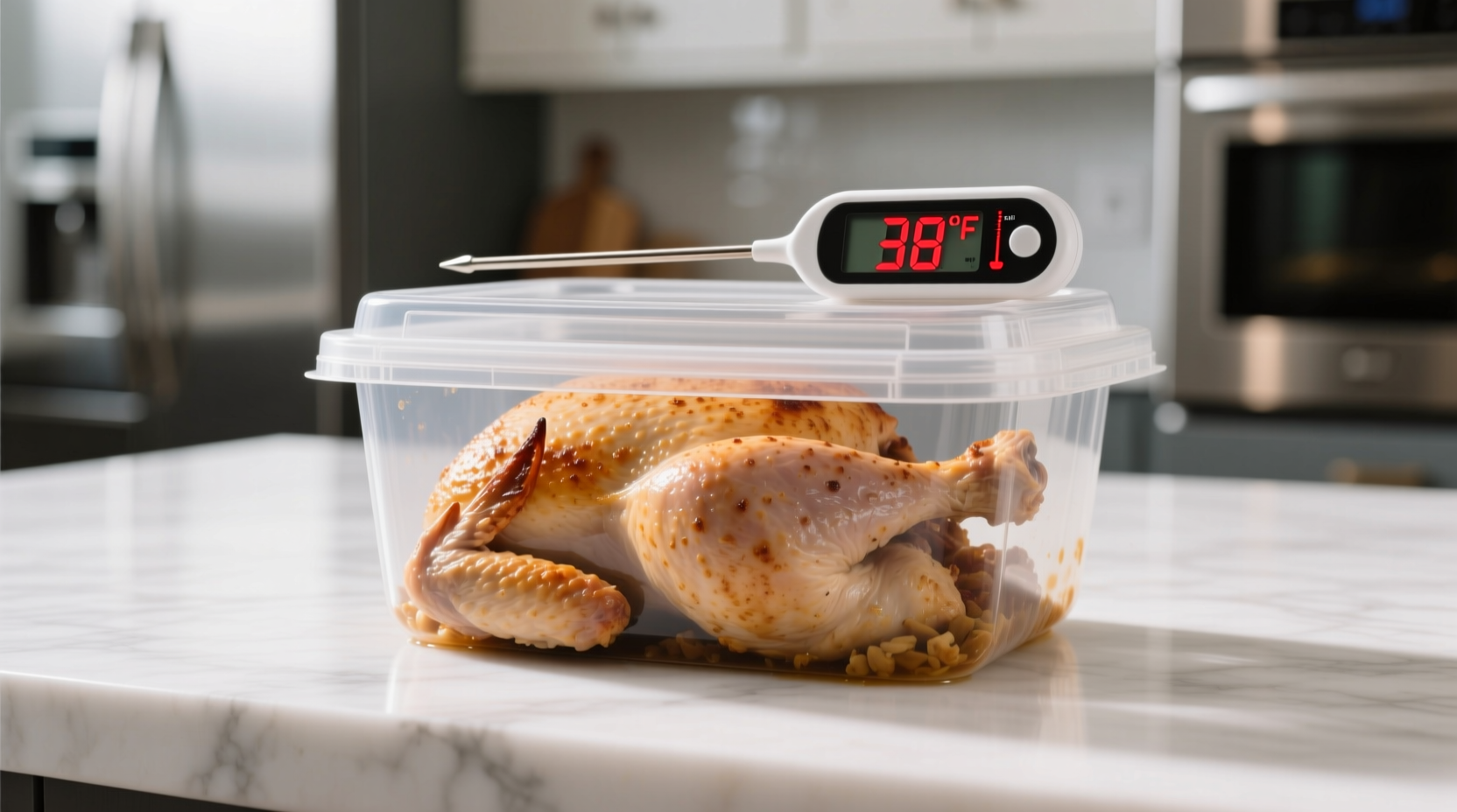 Cooked ground turkey in airtight container with thermometer showing 38°F