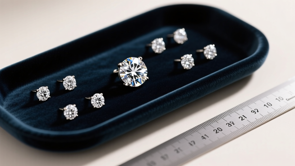 Velvet tray displaying diamond stud earrings from 3mm to 8mm next to a metal millimeter measuring ruler under soft studio lighting