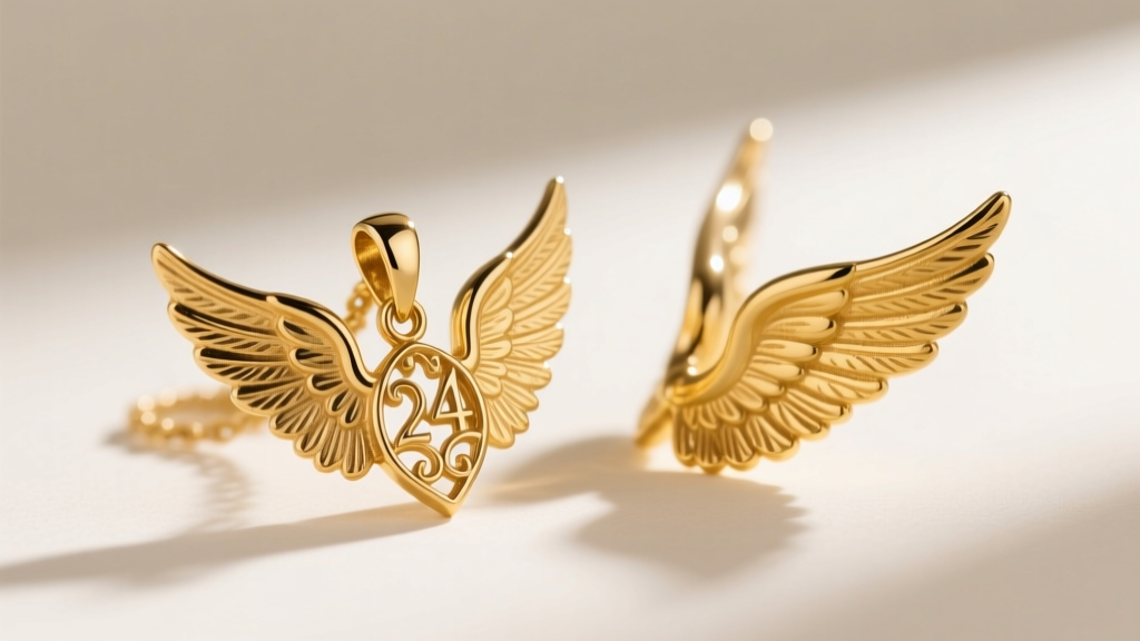 Macro shot of a vintage 24k gold angel wing pendant with softened edges beside a crisp, highly detailed 14k yellow gold angel wing.