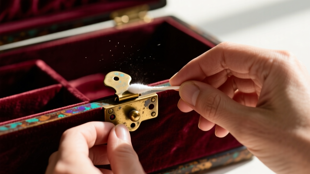 Close-up of hands using a cotton swab to carefully clean a tarnished brass hinge on an antique velvet-lined jewelry casket