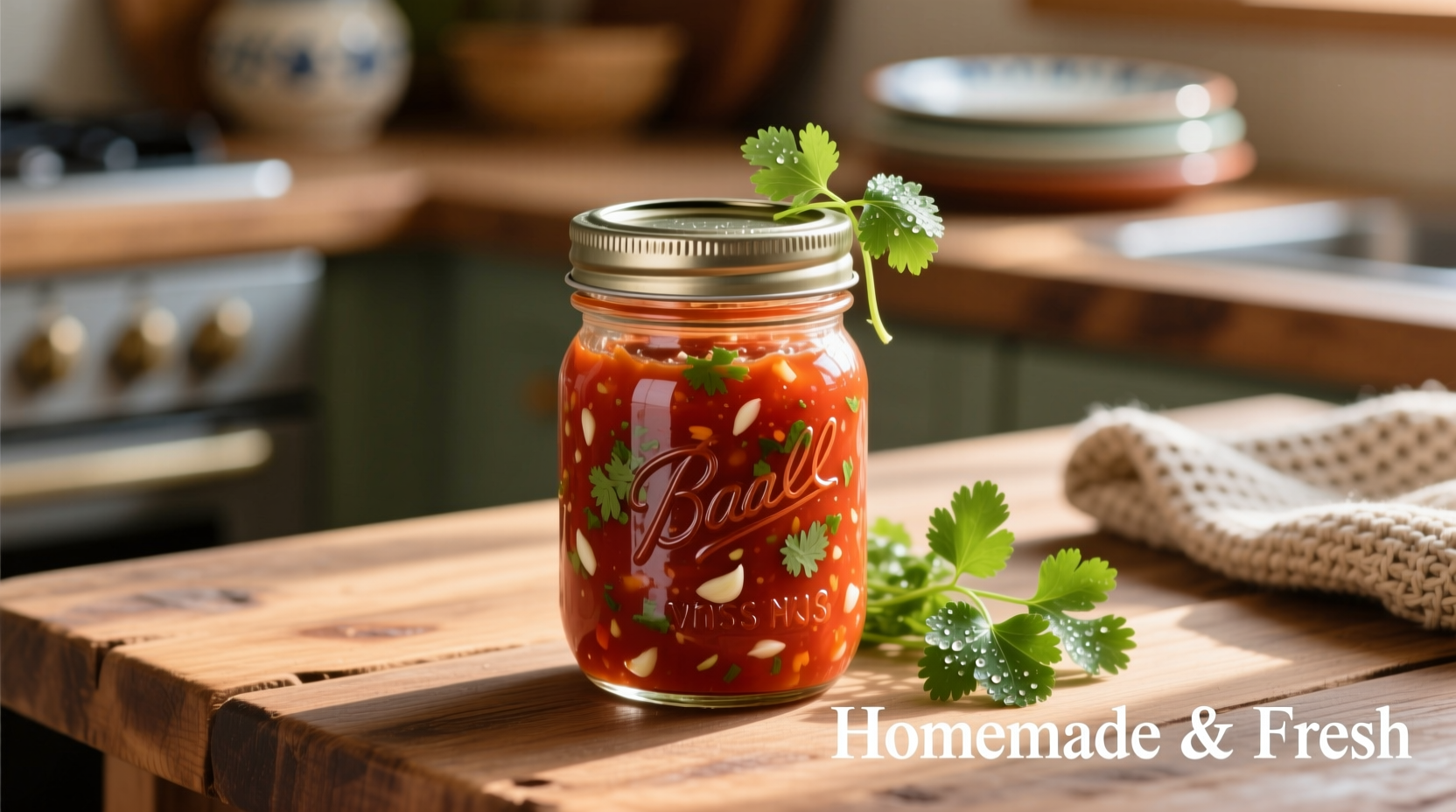 Homemade taco sauce in glass jar with fresh cilantro