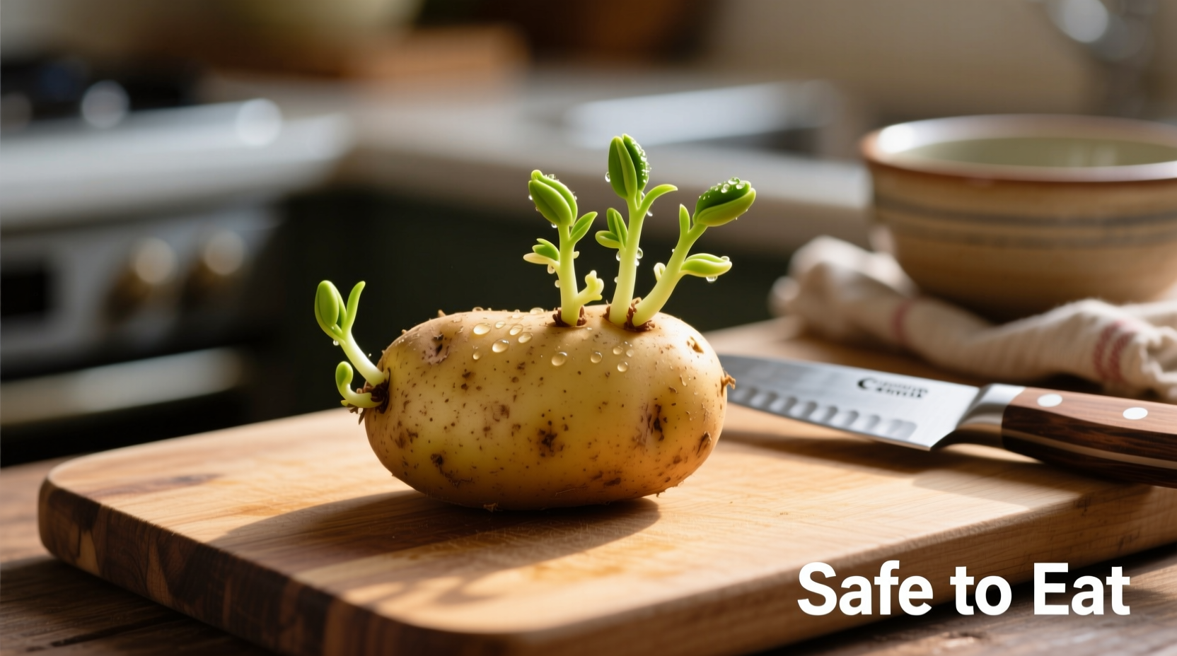 Close-up of potato with sprouts being safely prepared