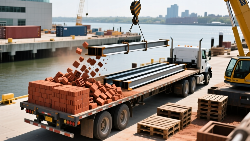 Flatbed truck unloading red clay face brick and steel beams at a busy waterfront construction site in Yonkers New York