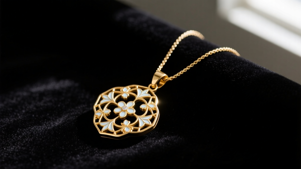 Gold-plated brass pendant necklace resting on dark velvet, showing intricate enamel details and a delicate cable chain.