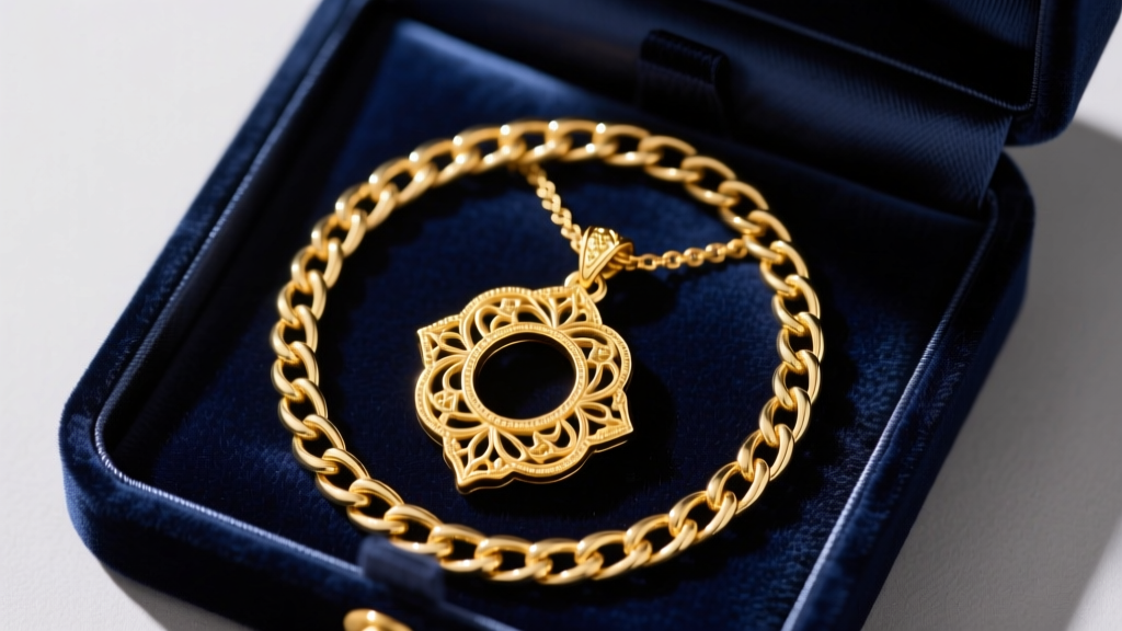 Heavy gold pendant on a thick chain, neatly coiled inside a silk-lined box to prevent kinking, photographed from directly above.