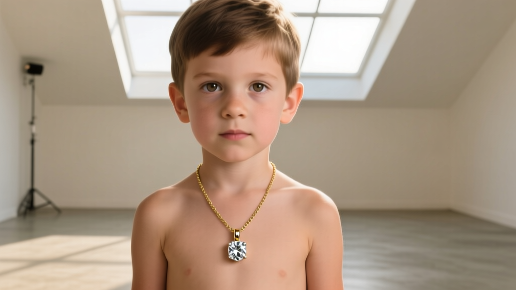 Young boy wearing a bezel-set diamond pendant on a gold chain, bright natural lighting, safe breakaway clasp visible at the nape.