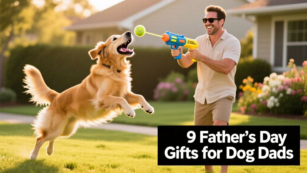 Dog mid-air catching a tennis ball launched from a handheld blaster held by his grinning owner