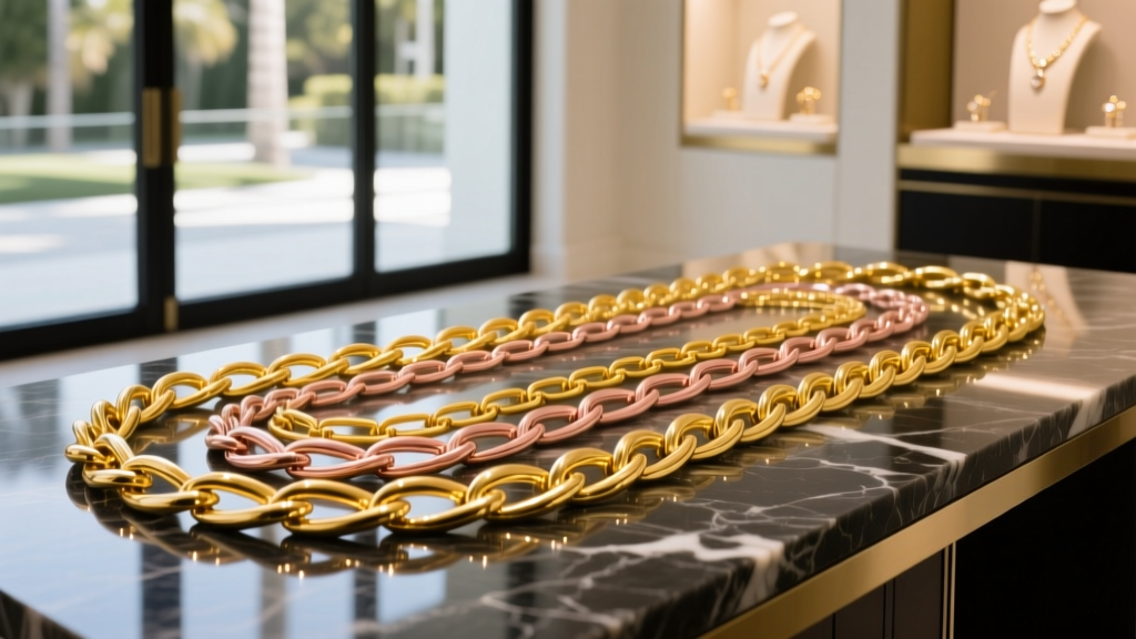 Layered 14k yellow and rose gold paperclip chains on dark marble inside a luxury Beverly Hills jewelry boutique showroom