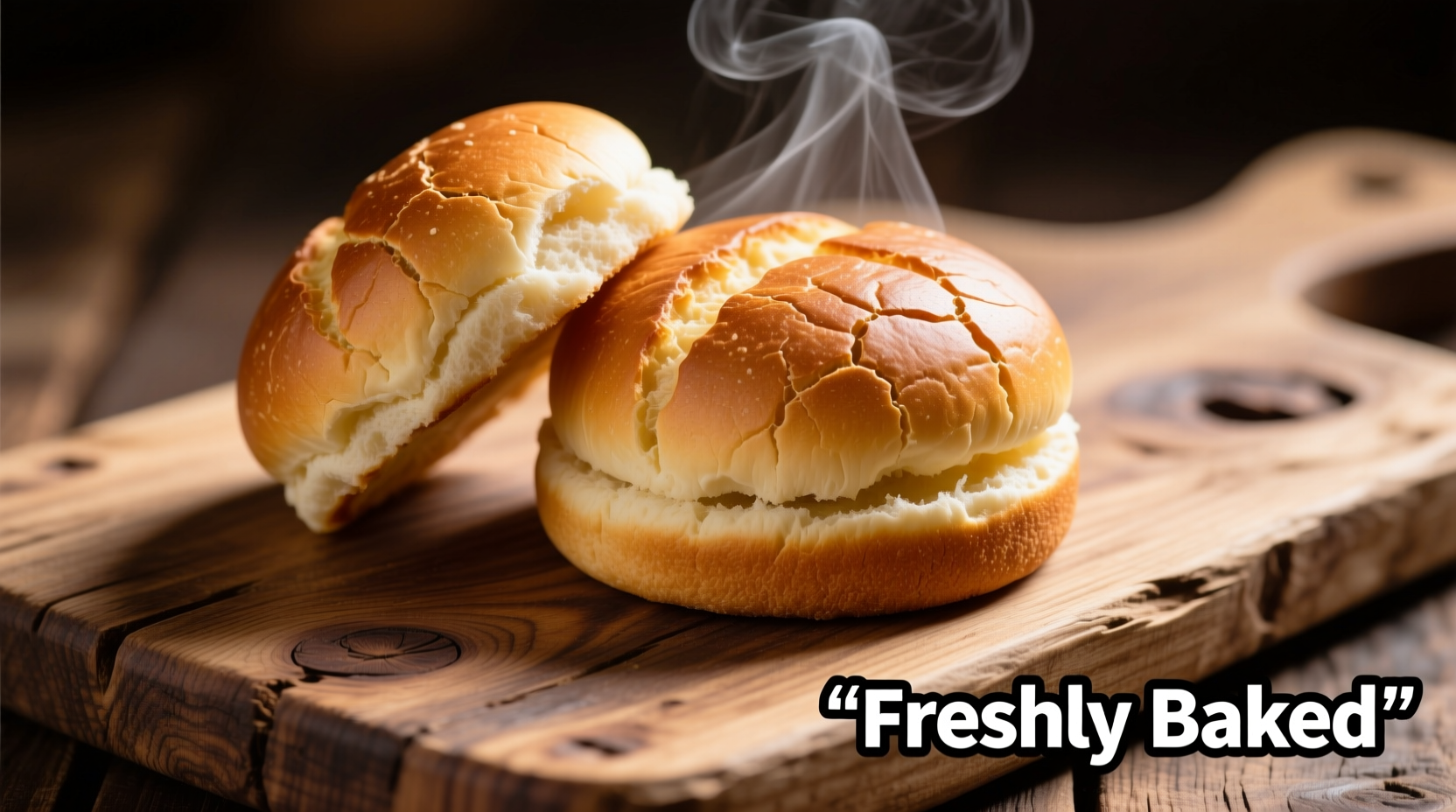 Freshly baked potato hamburger buns on a wooden board