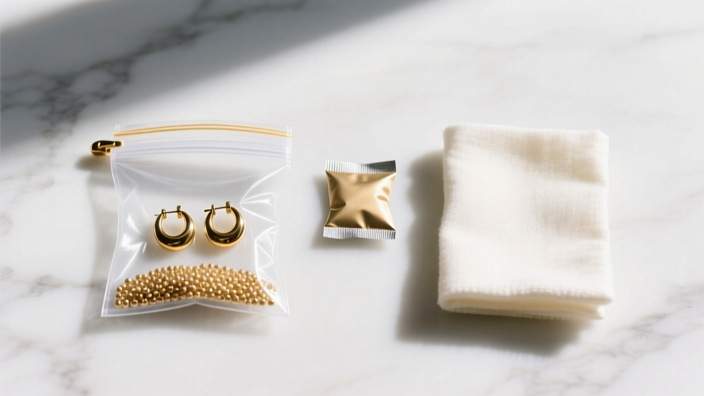 Flat lay of anti-tarnish ziplock bag with gold brass earrings, silica gel packet, and microfiber cloth on a white marble surface.