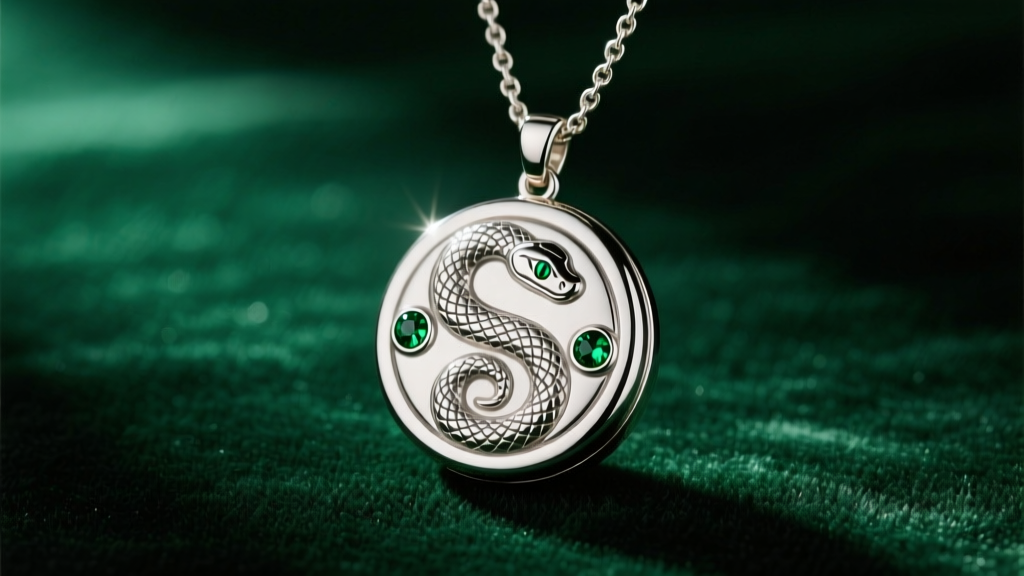 Sterling silver Slytherin locket necklace on dark green velvet, showing intricate snake relief and small emerald cabochon eyes.