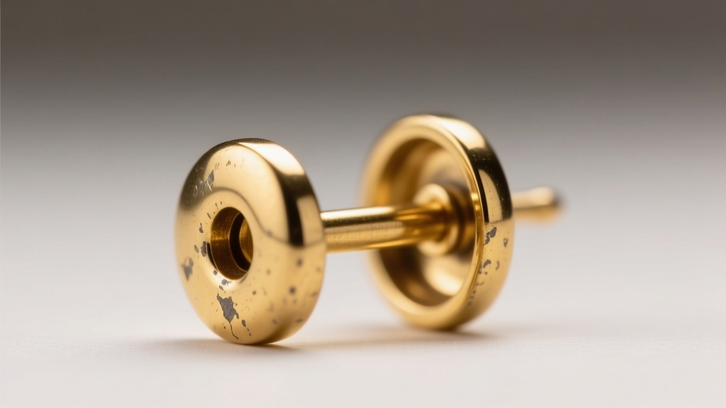 Macro shot of a gold-plated brass earring post showing slight wear at the friction back groove, lit by a bright studio ring light.