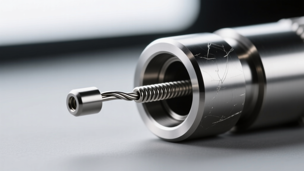 Macro view of an 18g threadless titanium post in a receiving tube, highlighting the precise wire bend for a secure tension fit.