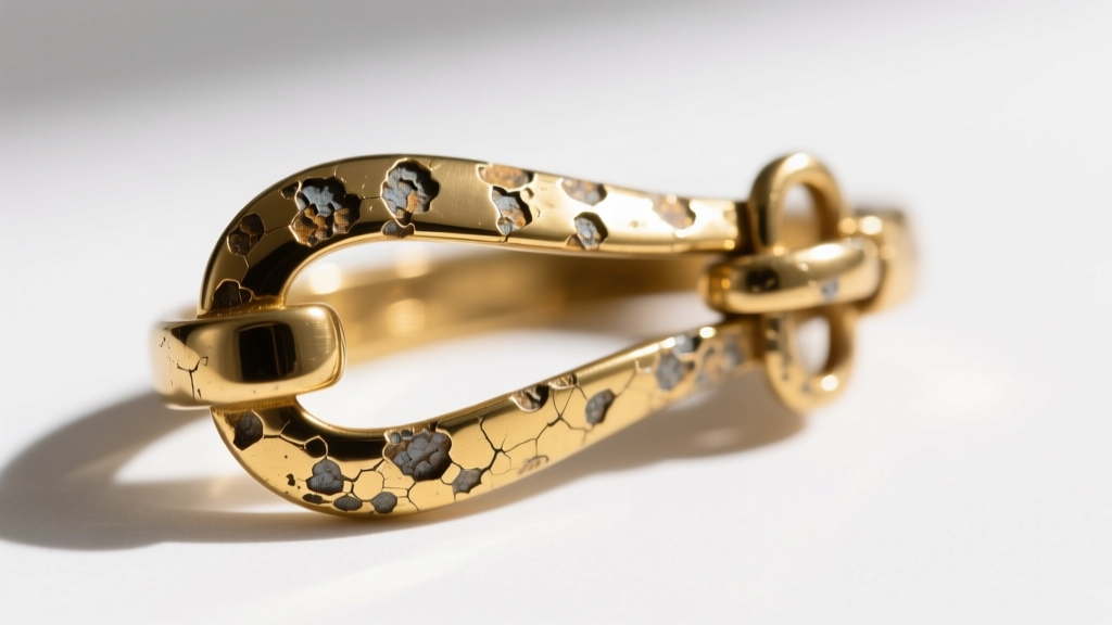 Extreme macro photo of a vintage costume jewelry clasp showing micro-corrosion and worn gold flash plating that reveals brass beneath.