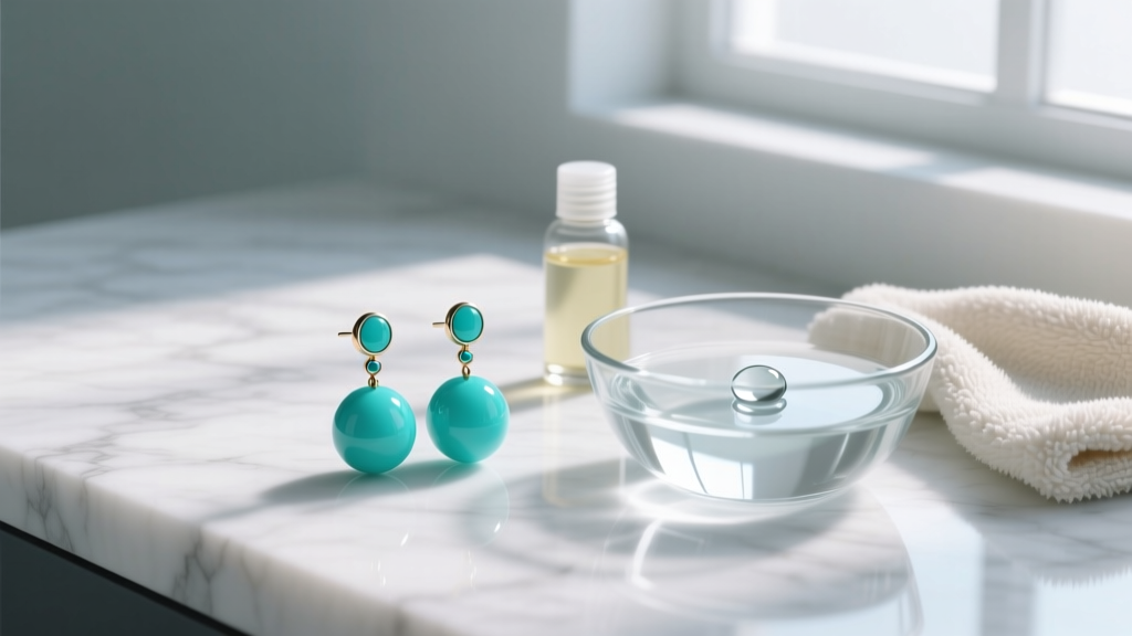 Cleaning supplies beside turquoise ball drop earrings, featuring a microfiber cloth, mild soap, and a glass water bowl on marble.