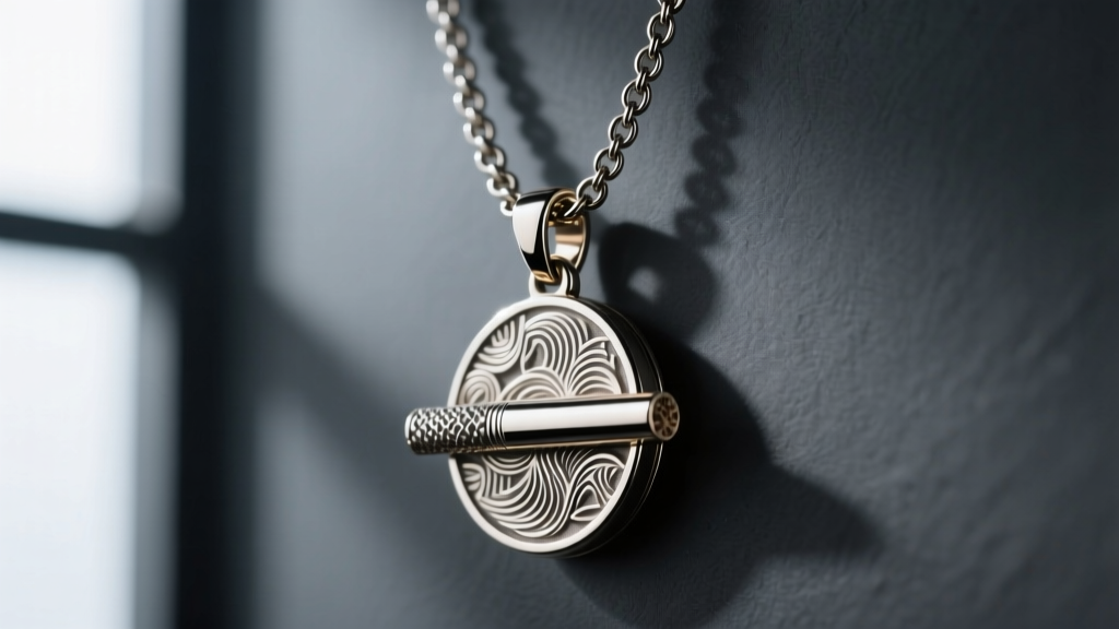 Close-up of a heavy metallic cigarette pendant resting on a thick 3mm stainless steel rolo chain against a dark slate background