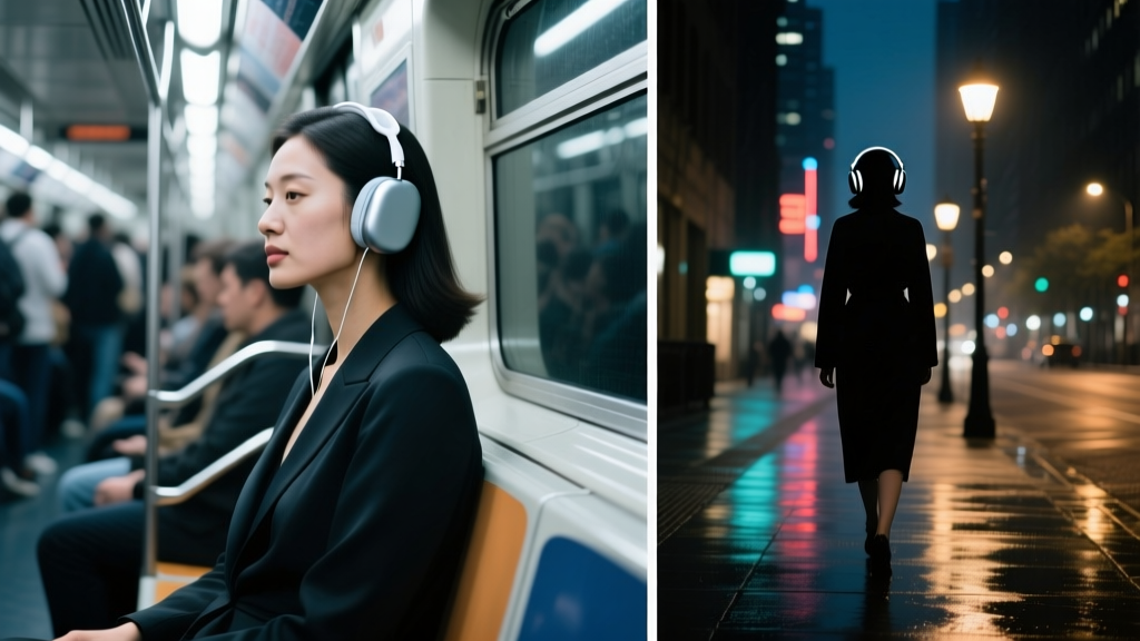 Woman using active noise-canceling earbuds in a crowded subway contrasted with open-ear audio headphones while walking alone at night
